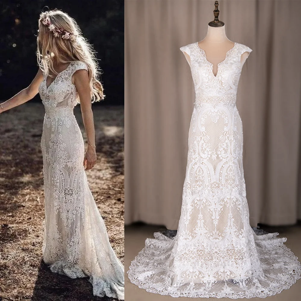 Robe de mariée en dentelle à col en V et dos ouvert, robe de mariée sexy, mancherons, train de balayage, sirène bohème, photos réelles personnalisées, 794 #, 100%