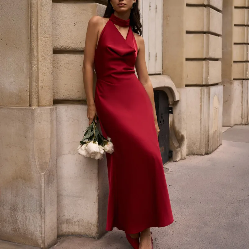 Elegante cetim halter pescoço vestidos sexy com decote em v bodycon vestido com pérola volta detalhes nova moda verão vestido de banquete para mulher