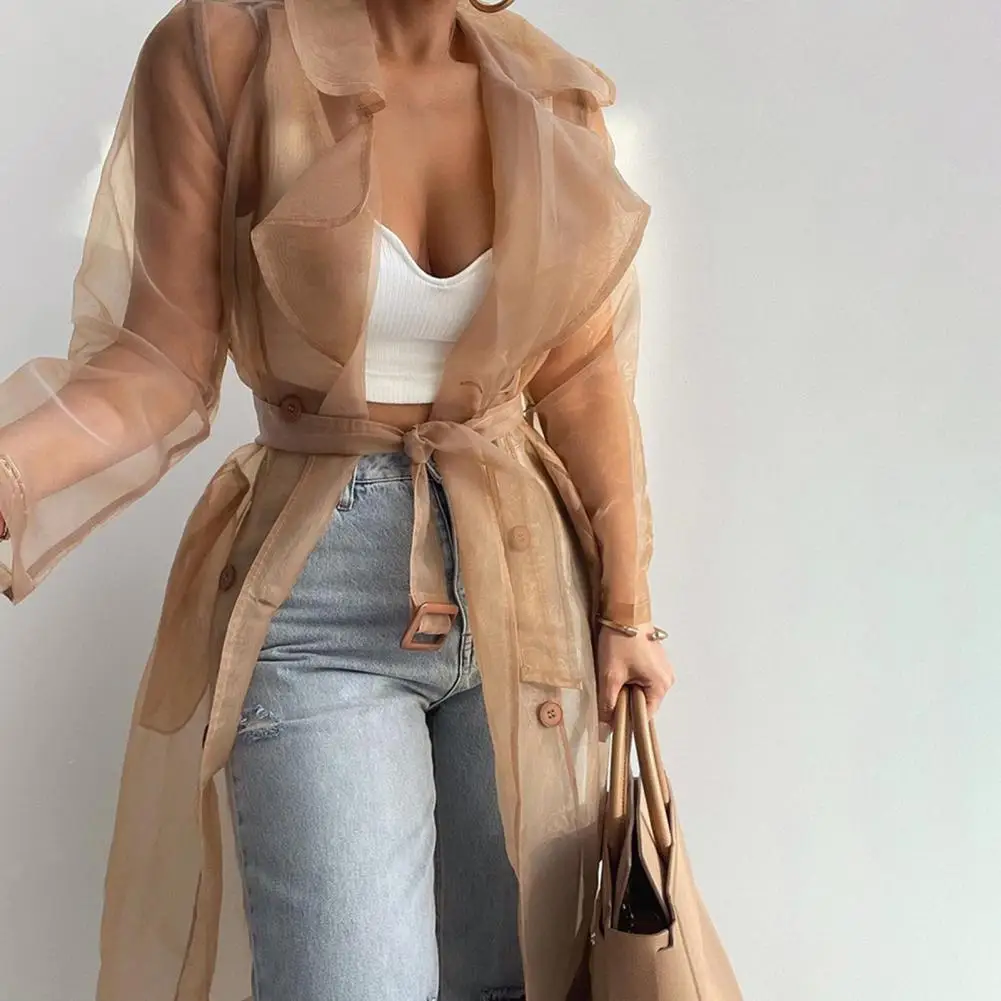 Net Yarn Shirt Coat See Through Blouse Spring Summer Lace-up Long Shirt Women Shirt Jacket Loose Pure Color Long Coat