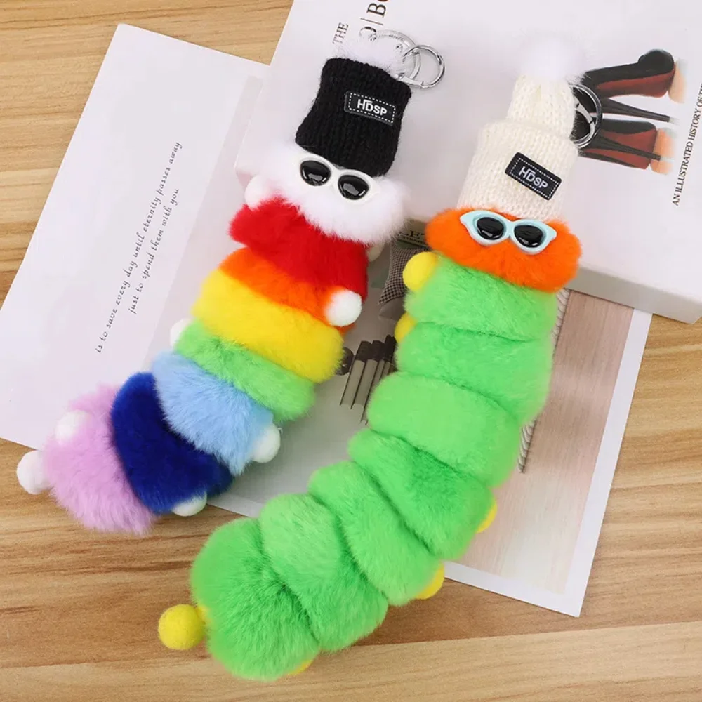 Creative 25cm Caterpillar Pendant PP Cotton Rainbow Cartoon Keychain Key Decor Ornaments Car Key Rings Couple