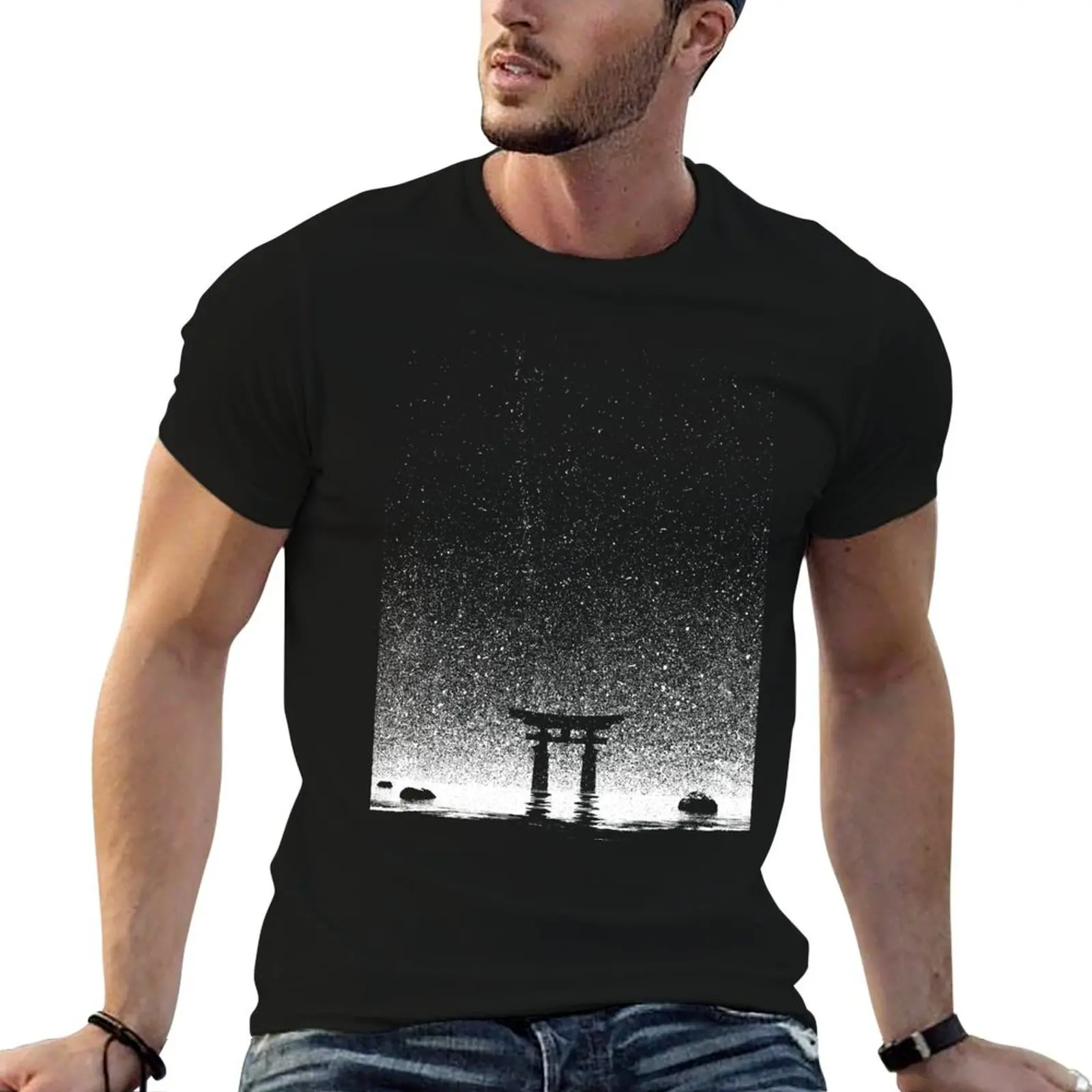 Japan Night at Torii Gate T-Shirt Basic Plain Tee for Spring and Summer