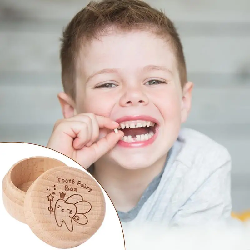 Tooth Fairy Box With 3D Baby Round Gifts Engraved Meaningful Easy To Put Small Cute Lost Teeth Keepsake Wooden