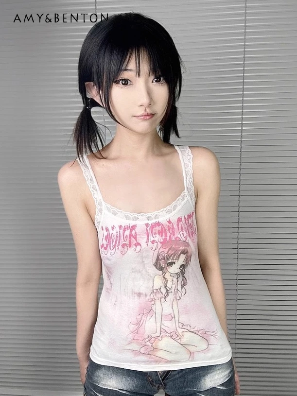 

Original Two-dimensional Animation Printed Pink Lace Splicing Sling Vest Summer Subculture Japanese Elastic Slim Crop Top Women