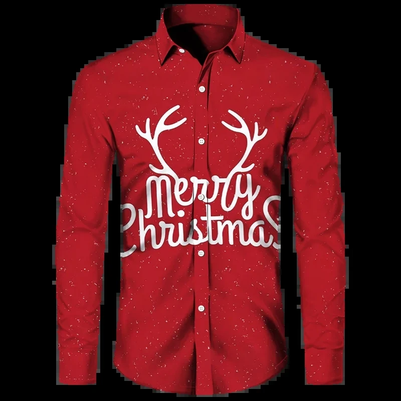 New Year Christmas Theme Santa Claus Shiny 3D Printed Men\'s Shirts Long Sleeve Blouse Y2k Fashion Holiday Party Tops Clothing