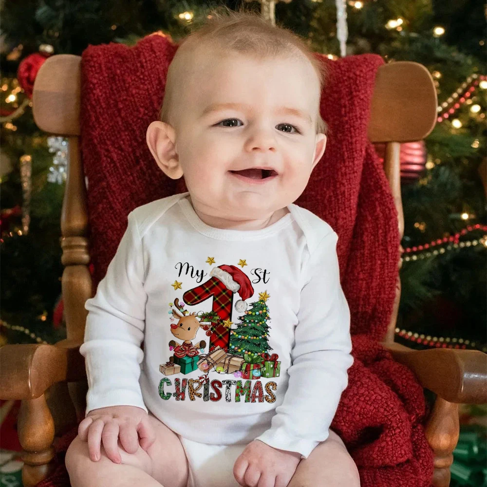 My First Christmas Printed Newborn Bodysuit Baby Long Sleeve Romper Boys Girls Holiday Outfit Xmas Party Toddler Outfit Jumpsuit