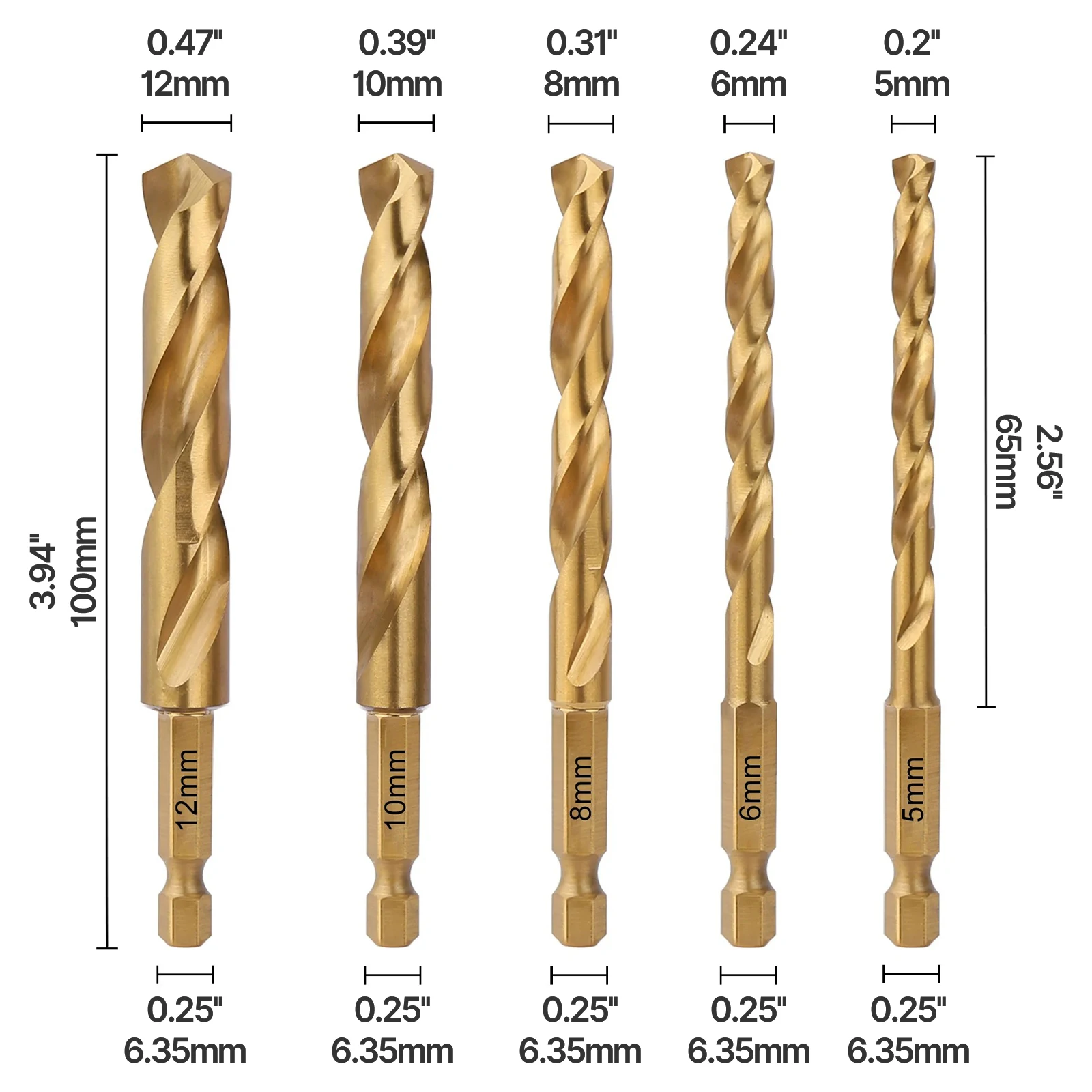 5PCS/Set 5/6/8/10/12mm HSS M2 Metric Titanium Coated Straight Shank Twist Drill Bit 100mm With 6.35mm Hex Shank For Wood Metal