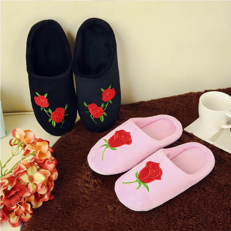 New Rose Soft Plush Cotton Cute Slippers Shoes Couple Unisex Emborider Floor Indoor Home Furry Slippers Women Shoes for Bedroom