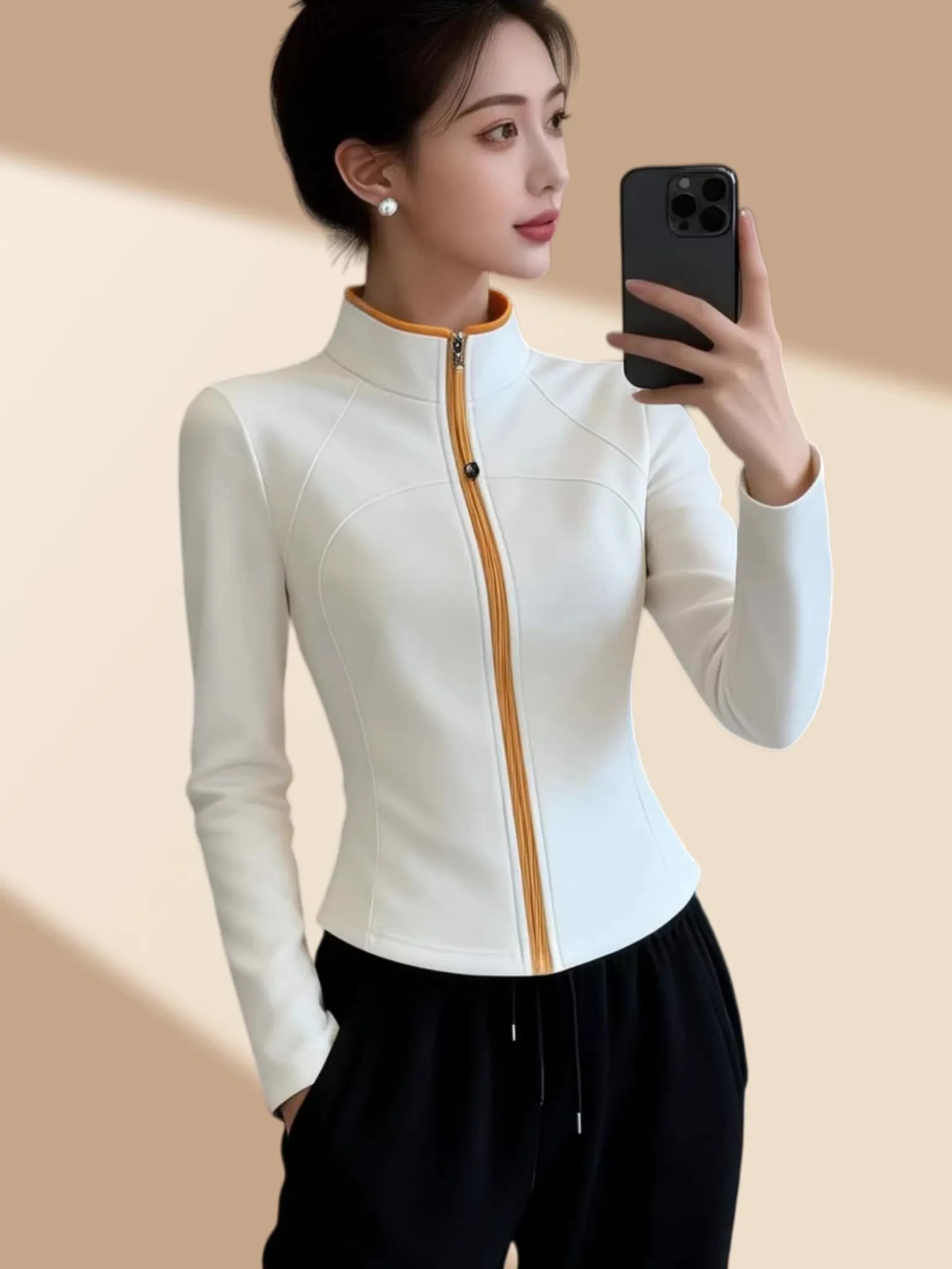 Elegant Zipper Stand Collar Long Sleeve Women's Jacket Spring 2026 Fashion Color Block Casual Breathable Thin Model