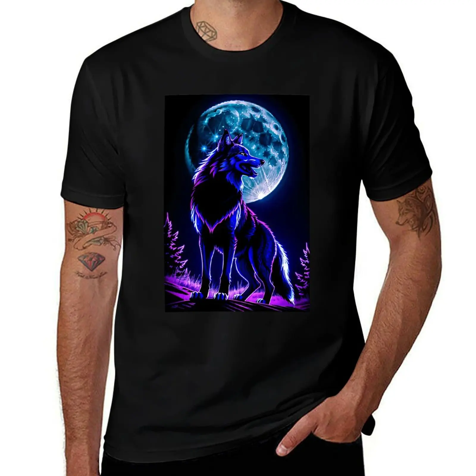 

Blacklight Style Wolf In The Full Moon Night Art T-Shirt t shirt for man 100 percent cotton anime t shirts for man