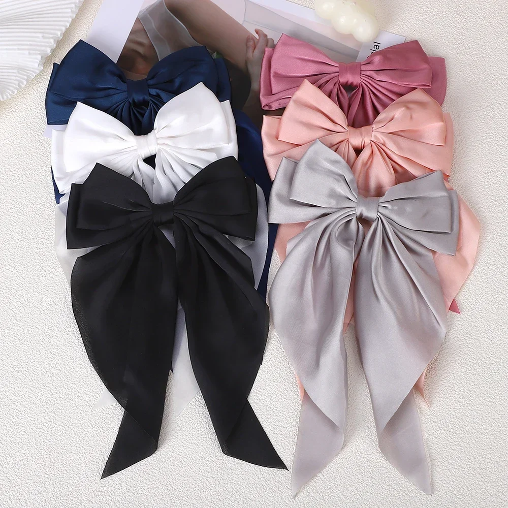 BABY BOWS Girls Long Big Bow Float Satin Clips Back Head Hair Clip Wine Red with The Same Temperament Elegant Hair Accessories