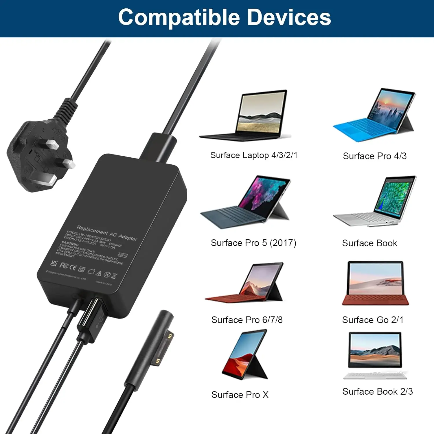 Surface Book 2 charger, 102W power supply for Microsoft Surface Book 2,Surface Pro X Pro 7, 6, 5, 4, 3