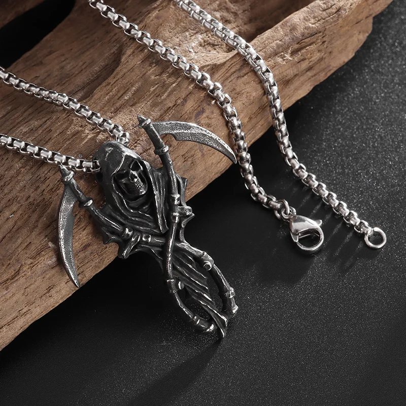 Retro Gothic Hell Death Scythe Skull Pendant Men's Necklace Punk Style Rock Halloween Party Jewelry Gift