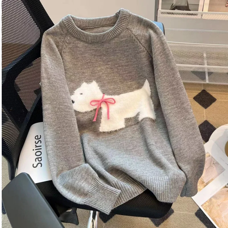 Damska szaryczna odzież Vintage sweter z dzianiny z okrągłym dekoltem kreskówka z długim rękawem na co dzień koreańska moda luźna damska zimowa