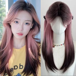 DIFEI-Peluca de pelo largo y liso para mujer, pelo sintético de color rosa degradado, gato siamés, Lolita, con flequillo, cosplay en capas