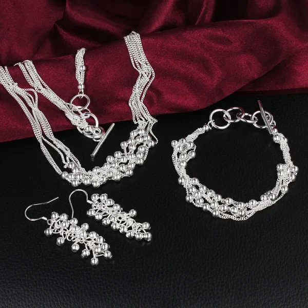 Ensemble de bijoux pompon en argent regardé 925 pour femme, perles de raisin, bracelets, colliers, boucles d'oreilles, fête de la mode, cadeaux de Noël, chaud