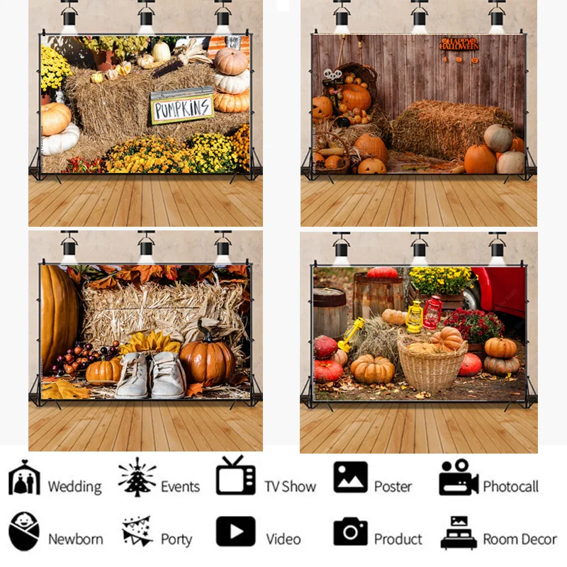 

Vinyl Halloween Background Autumn Pumpkin Farm Haystack Fallen Leaves Baby Portrait Photography Studio Prop Background NG-03