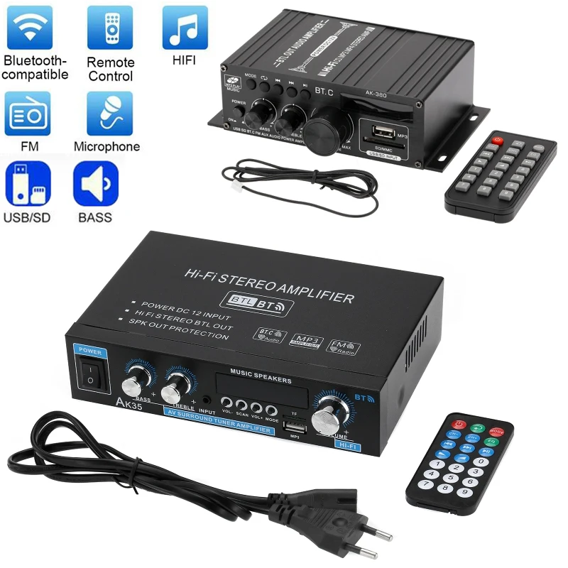 

AK35 800W Home Car Amplifiers 2 Channel bluetooth 5.0 Surround Sound FM USB Remote Control Mini HIFI Digital Amplifier Stereo