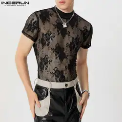 INCERUN Men T Shirt Lace Transparent Turtleneck Short Sleeve Sexy Summer Men Clothing Streetwear 2024 Fashion Party Camisetas