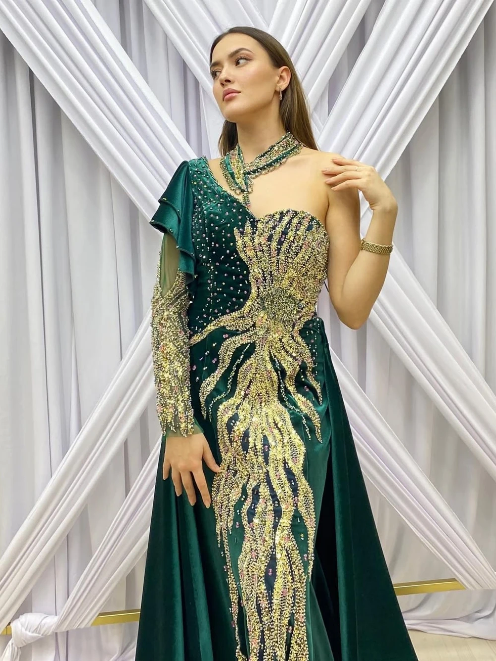 Caftan One Shoulder Beaded Arabic Evening Dress Delicate 2-pieces Muslim Prom Gown Customized Abaya Women Formal Night Party