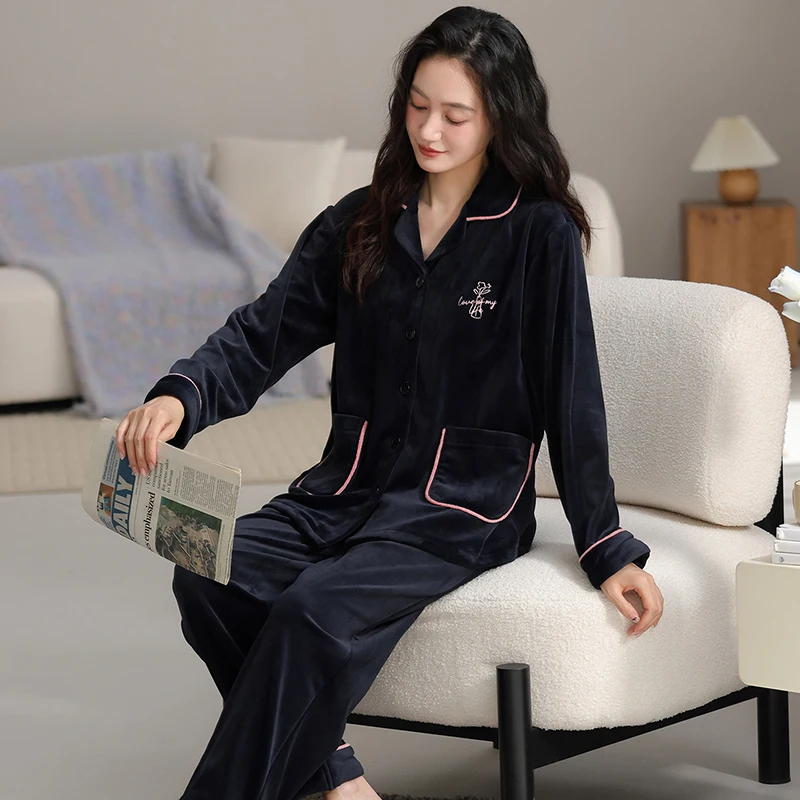 High Quality Winter Women Pajama Set Warm Flannel Sleepwear Female Thick Turn-down Collar Nightwear