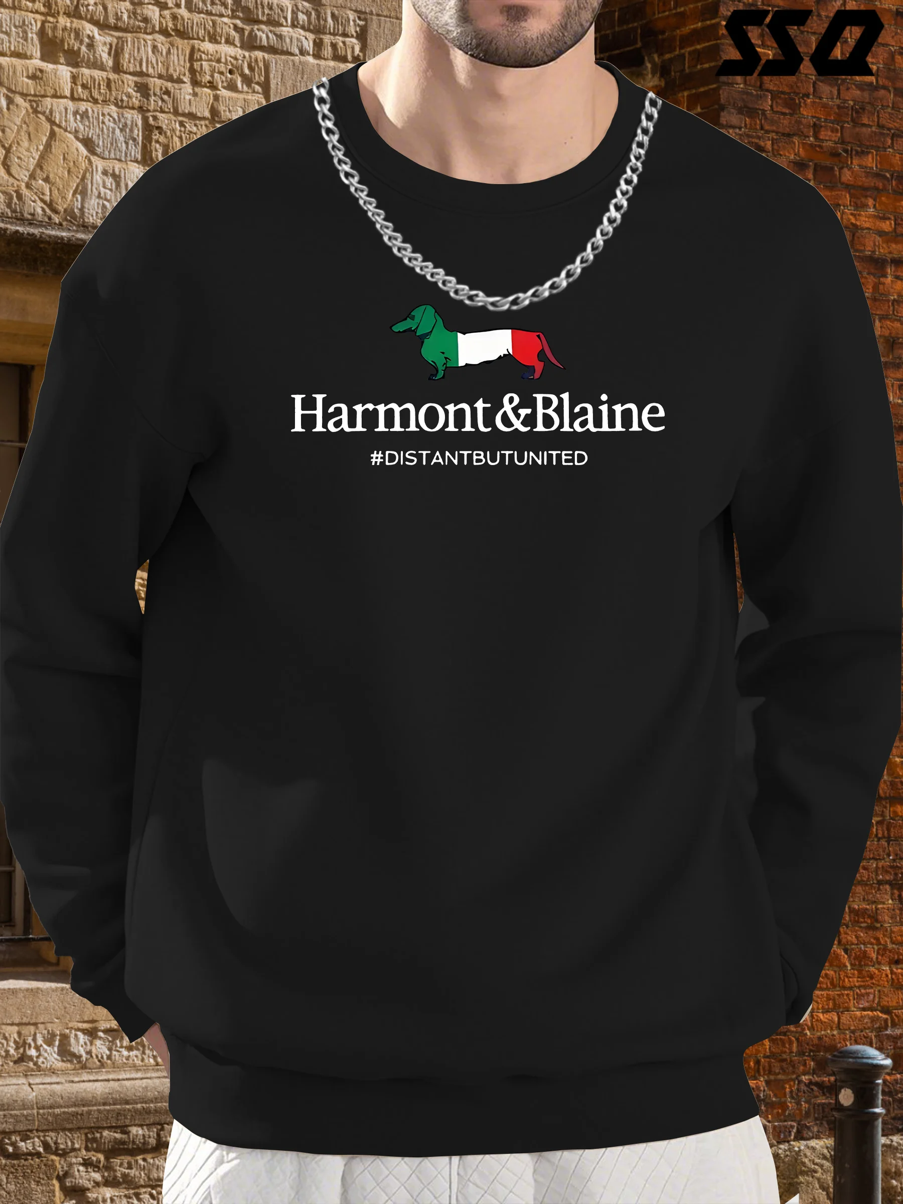 سويت شيرت رجالي أسود بطبعة Dachshund - تصميم "Harmont & Blaine"، كاجوال بأكمام طويلة، مريح لجميع المواسم