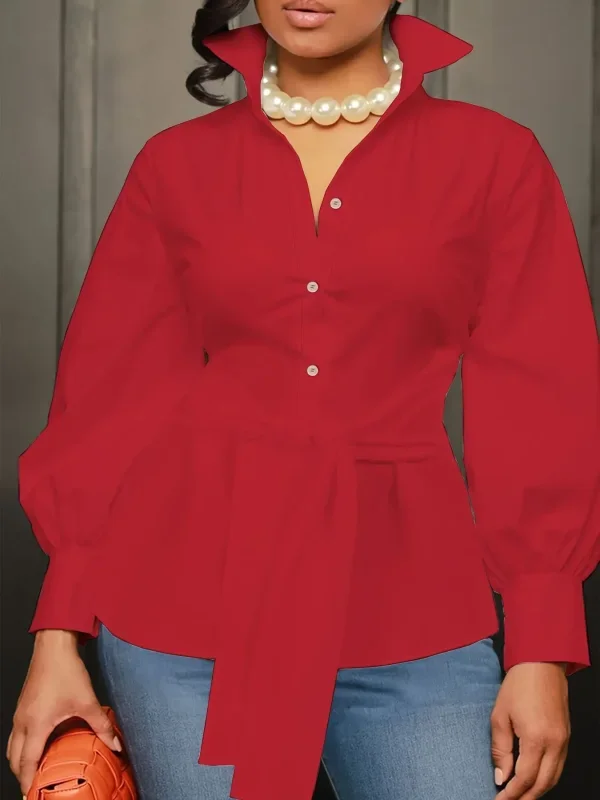 حجم كبير 1XL-5XL موضة المرأة بلون التلبيب طوق بلوزة قميص السيدات عادية أنيقة شيك قميص طويل الأكمام