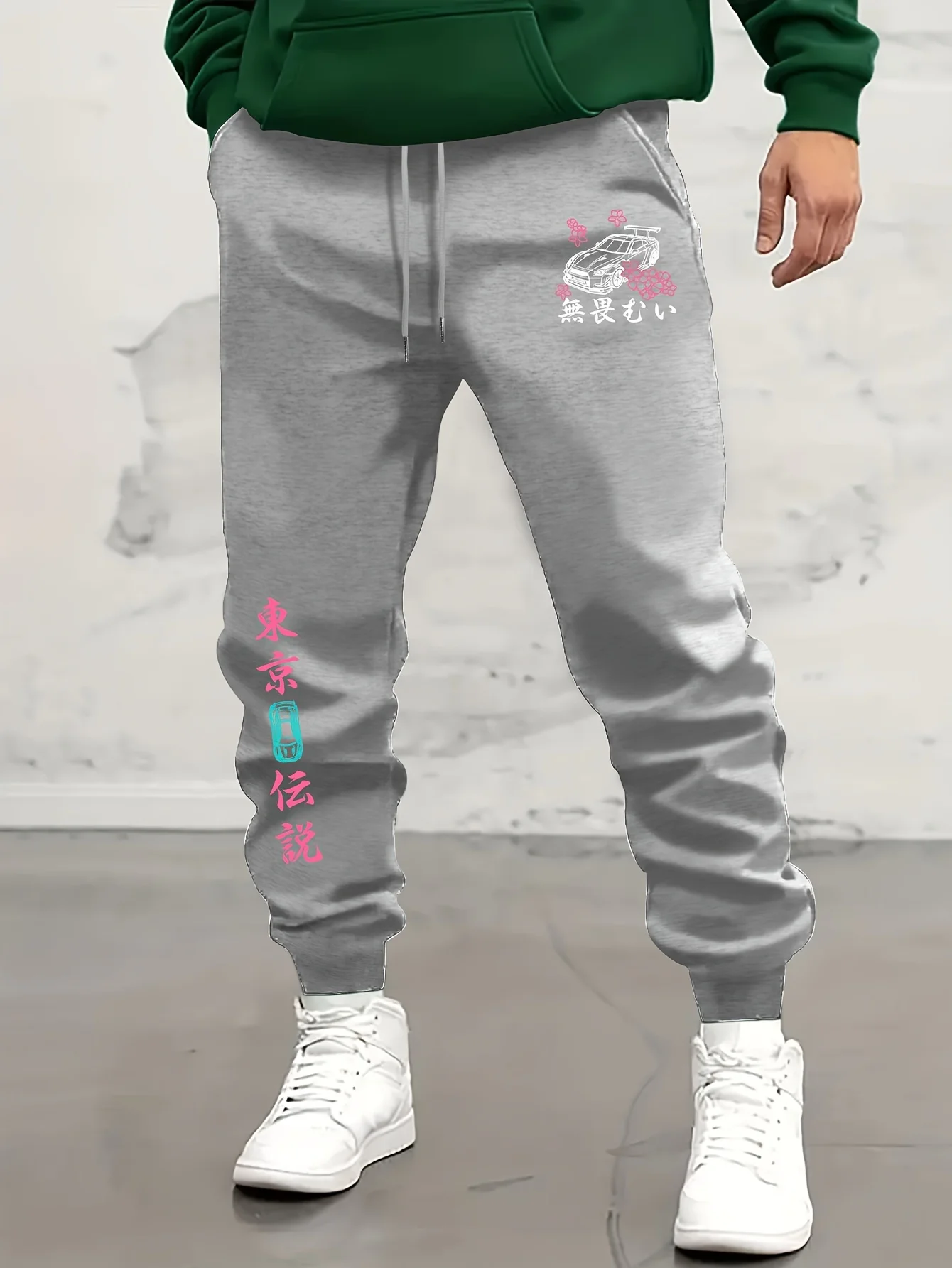 JDM‑culture cherry‑blossom racing‑car stylish tapered fitted sweatpants men hip hop sports jogger trousers