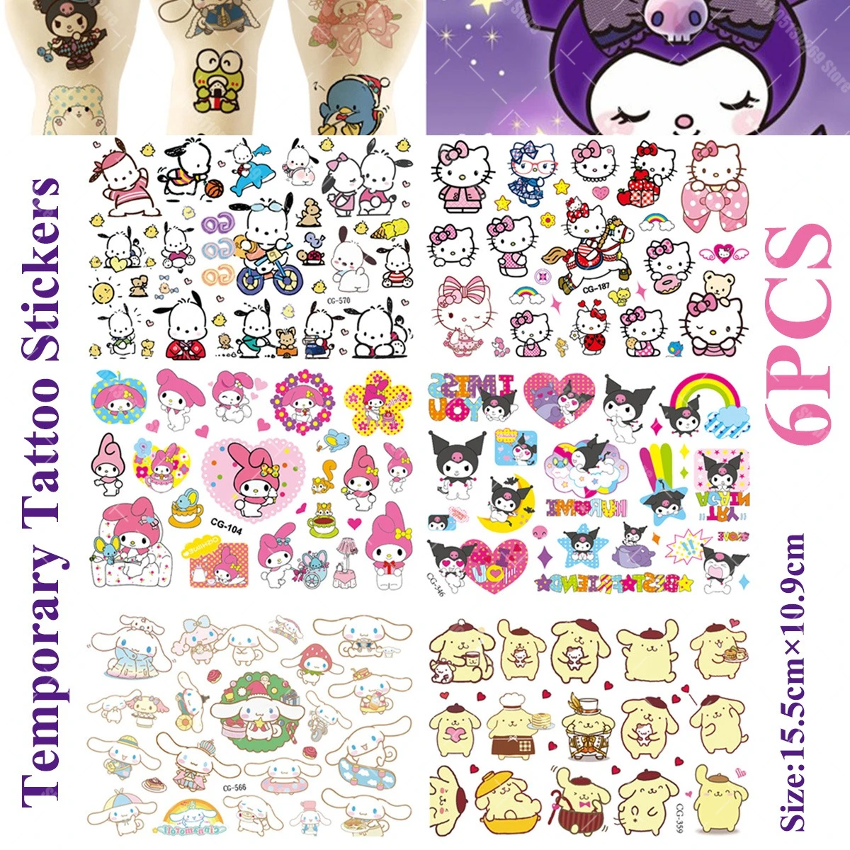

1 шт., татуировка «Hello Kitty», наклейка Kuromi My Melody, временная татуировка, водонепроницаемая и устойчивая к поту, мультяшное милое украшение для тела, искусство