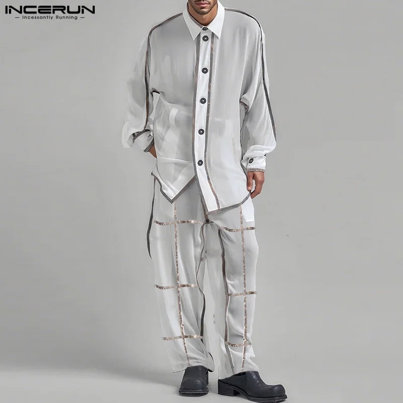

INCERUN Men Sets Print Patchwork Loose Long Sleeve Shirt & Pants Two Pieces Sets Streetwear Fashion Casual Men Suits See Through