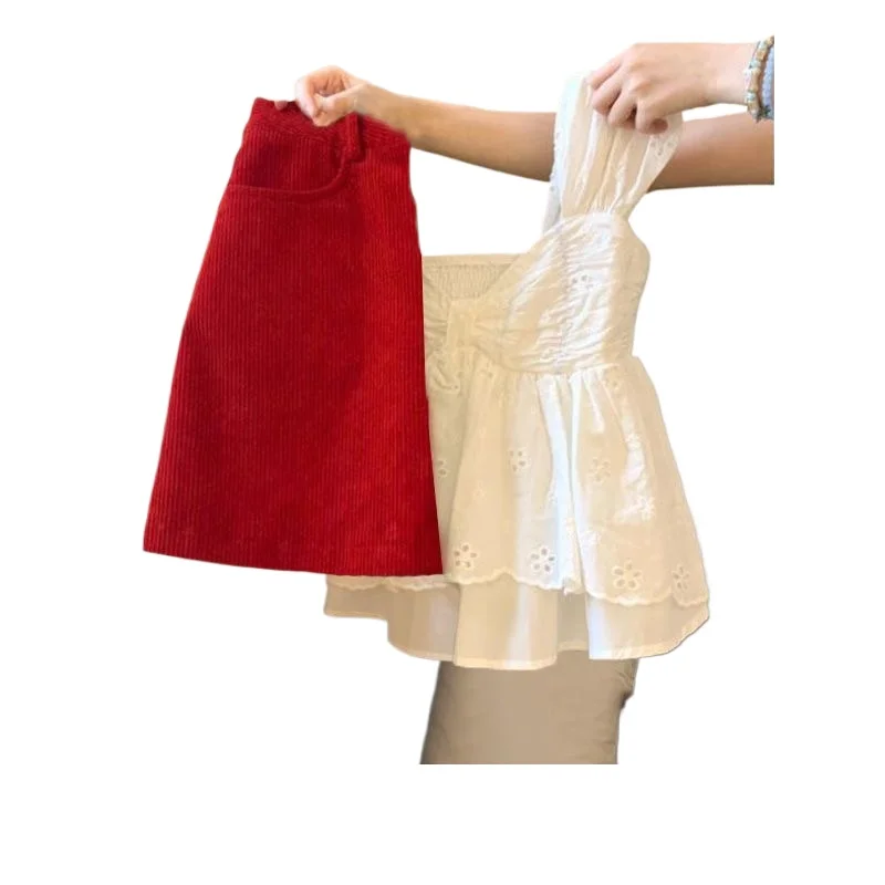 

Французская вышитая кукольная рубашка, жилет для женщин, лето 2023, новая красная юбка средней длины с высокой талией, комплект из двух предметов