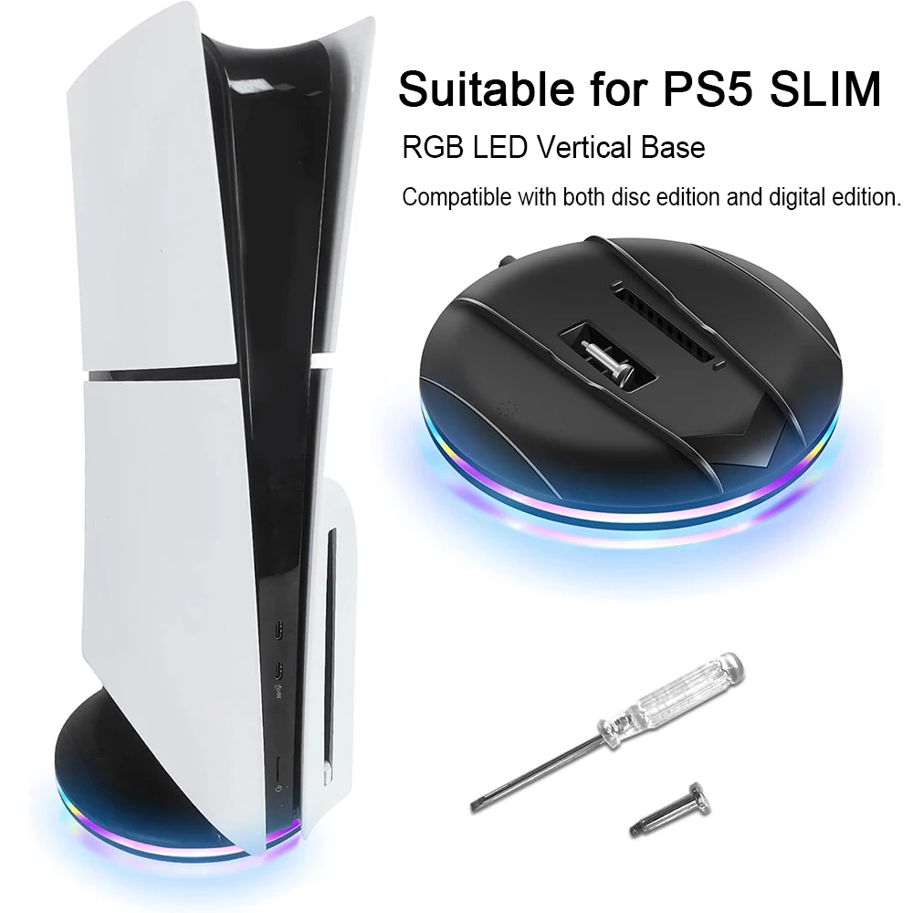 

Compatible with PS5 Slim host RGB color light vertical base, universal stand for both disc drive and digital editions