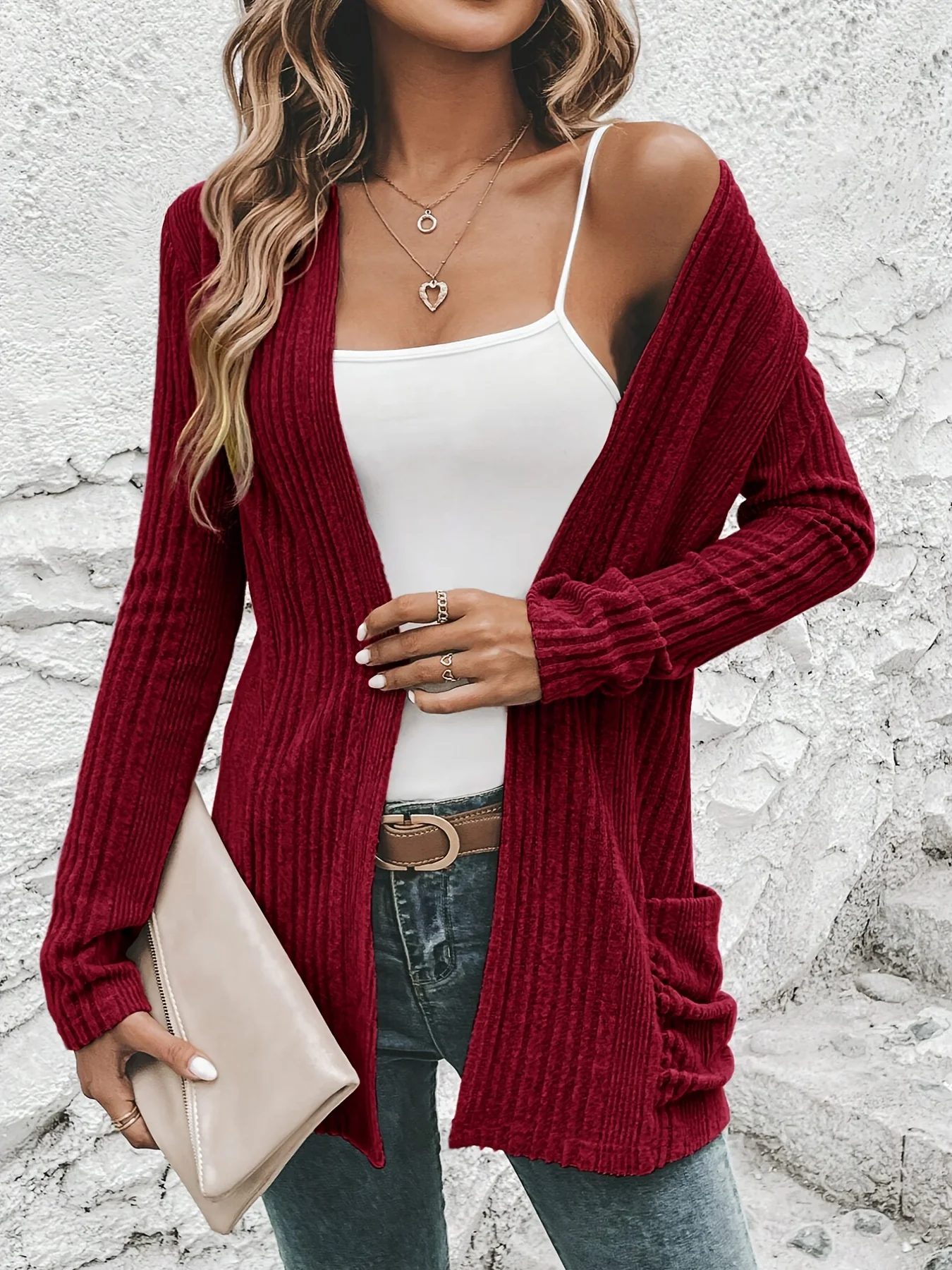 Elegant open front solid cardigan, long sleeve double pocket cardigan, suitable for spring and autumn, women\'s clothing