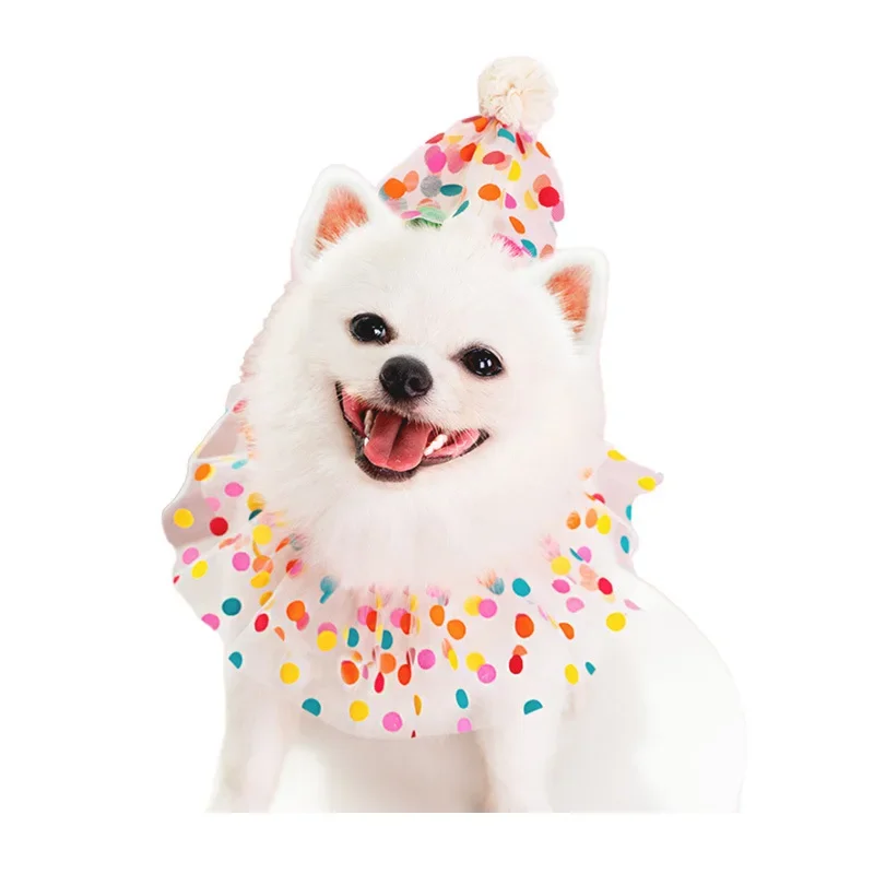 New Creative Cat and Dog Korean Colorful Dot Collar Birthday Pet Headwear Water Towel Pet Polka Lace Paddle Birthday Supplies