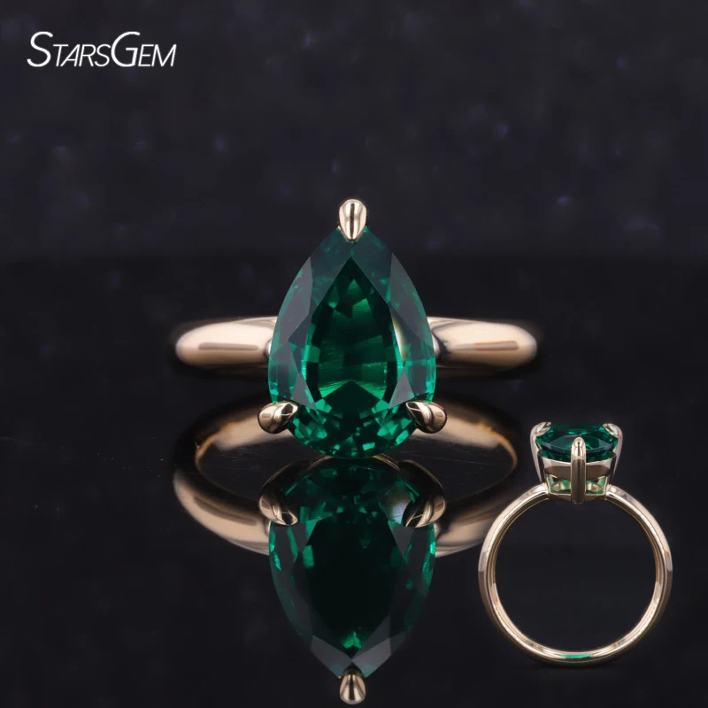 Starsgem 14K Solid Yellow Gold Rings Pear Cut 9x13mm Lab Emerald Colombian Ring Classical Vintage Style Present