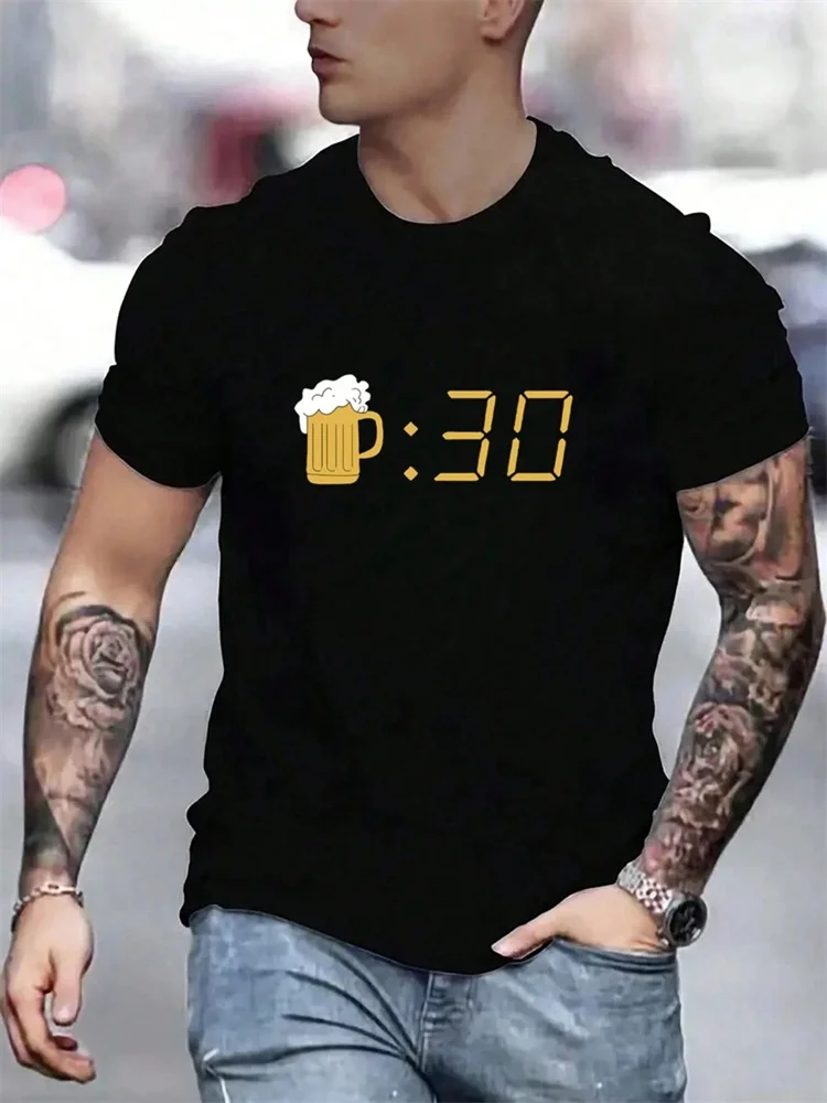 Clock And Beer Letter Printed Men's T-shirt Outdoor Street Men Fashion Short Sleeves Summer Everyday Casual Men's Top