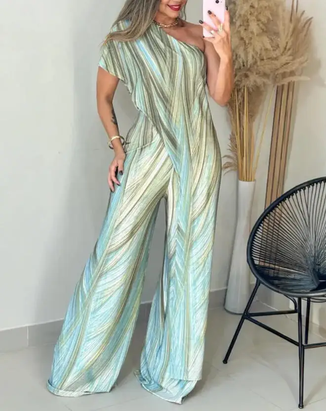 

Summer New Fashion Trend Geometric Color Blocked Printed Diagonal Collar Single Shoulder High Waist Women's Wide Leg Jumpsuit