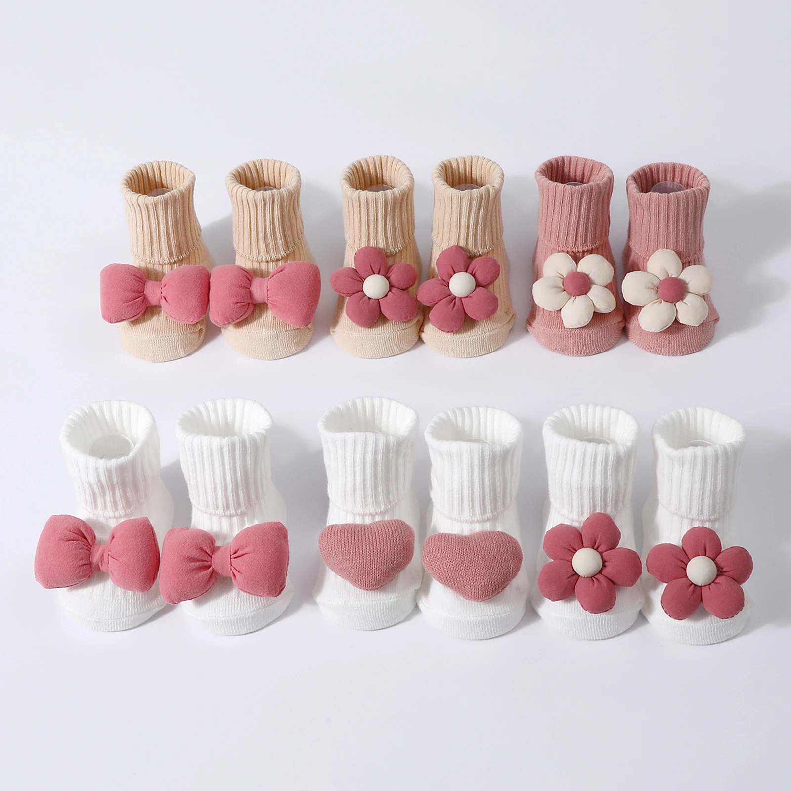 

0-3Years Toddler Socks with Grippers Soft Cute 3D Flower/Love Heart/Bow Design Infant Baby Non Slip Socks