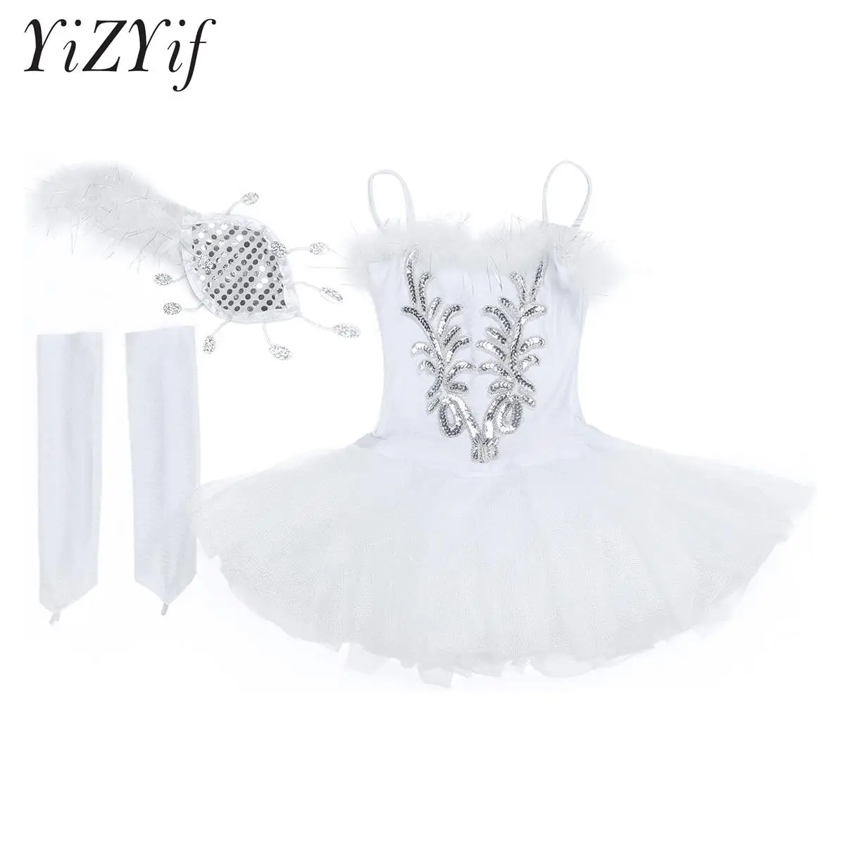 

Kids Girls Swan Lake Ballerina Stage Performance Costume Ballet Dance Tutu Leotard with Arm Sleeves Hairpin Princess Dress Sets