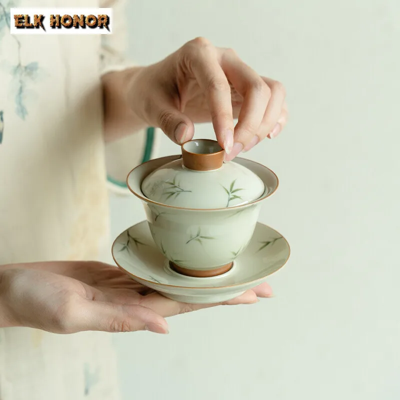 145ml Hand-painted Bamboo Cover Bowl Household Anti Scald Gaiwan Handmade Tea Tureen Tea Making Tea Cup Tea Items Ornaments