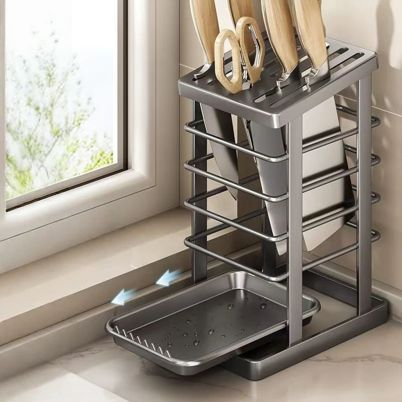 

Carbon Steel Kitchen Knife Tool Storage Rack Large Capacity Extra-Thick Household Utility Knife Holder Organizer with Drainer