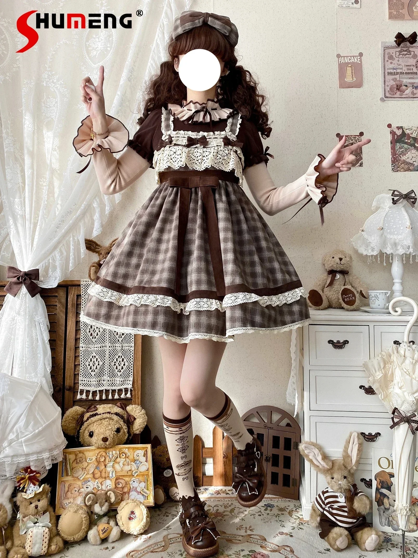 Frech Style Elegant Retro Lolita JSK Dress Brown Plaid Lace Stitching Bow High Waist Slim Fit A-Line Dress Women\'s Autumn 2024