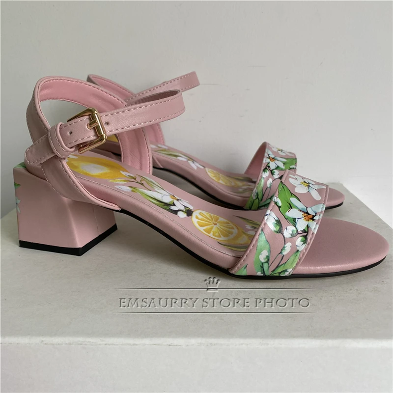 Stampa fiore sandali con un cinturino donna tacco quadrato in vera pelle Open Toe Outwear scarpe estive per ragazze