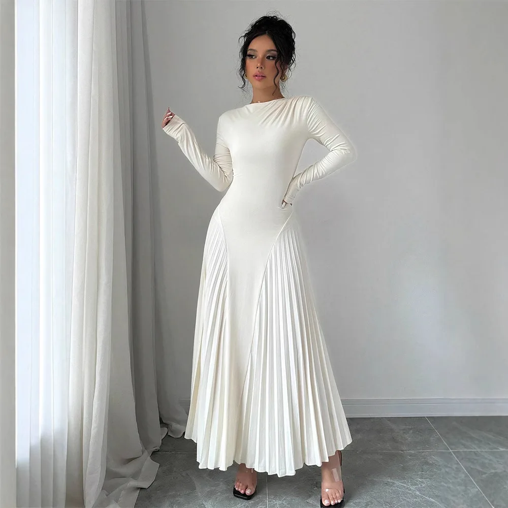 

Autumn Winter Simple Solid Color Knitted Dress Women O Neck Long Sleeve Pleated Office Dress Elegant Slim Robe Dress Vestido Y2k