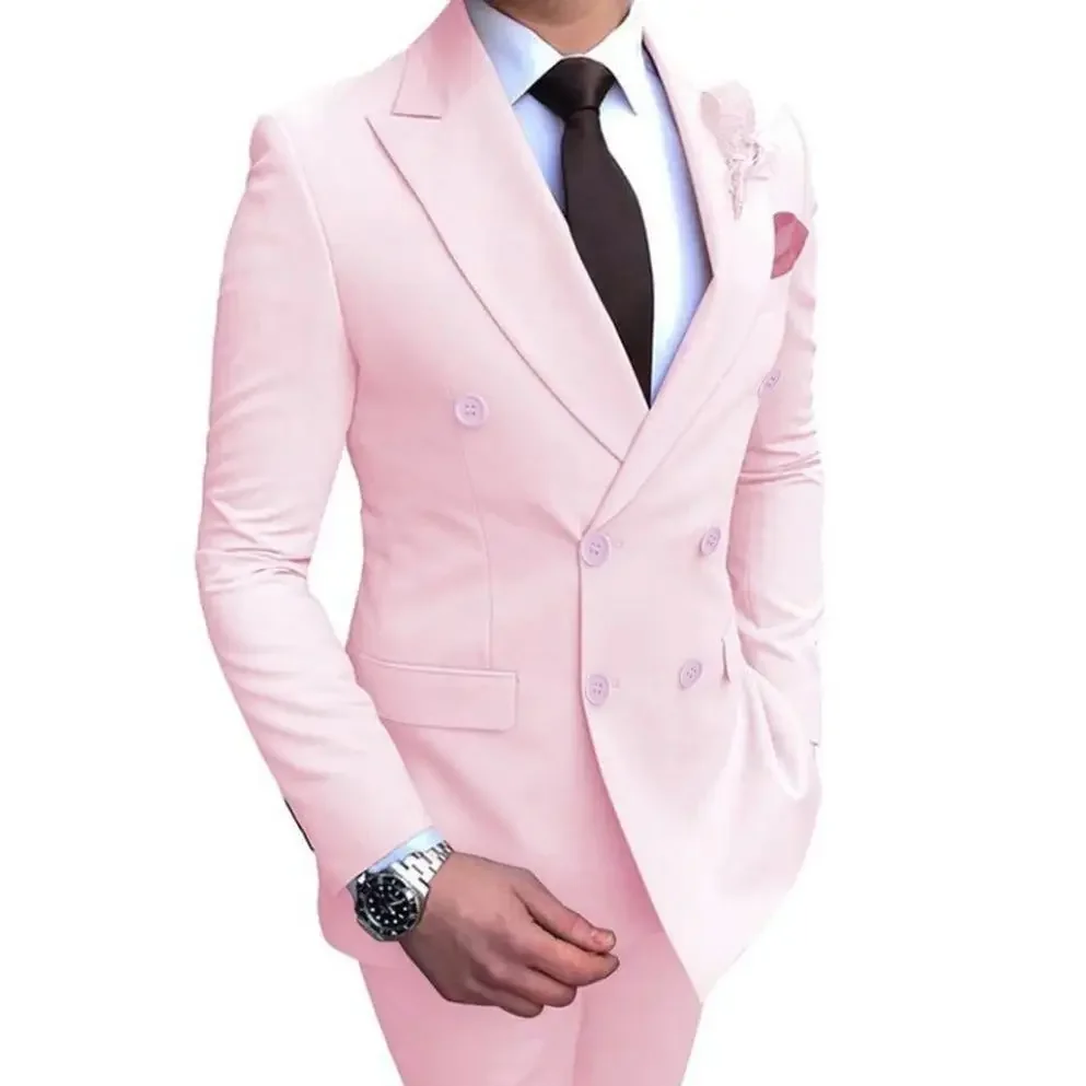 Elegant Pink Double Breasted Men Suit Two-pieces (Jacket+Pants) Formal Banquet Wedding Slim Fit Male Set