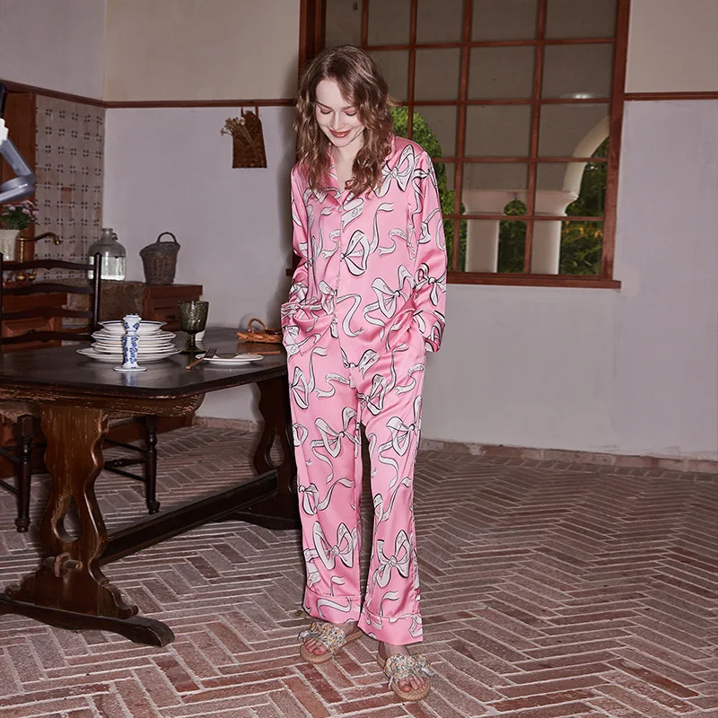 ACOMOSON EU US Size Pink Bow Silk Pajamas For Women Spring/Summer Long Sleeve Plus Size Home Party Lounge Wear
