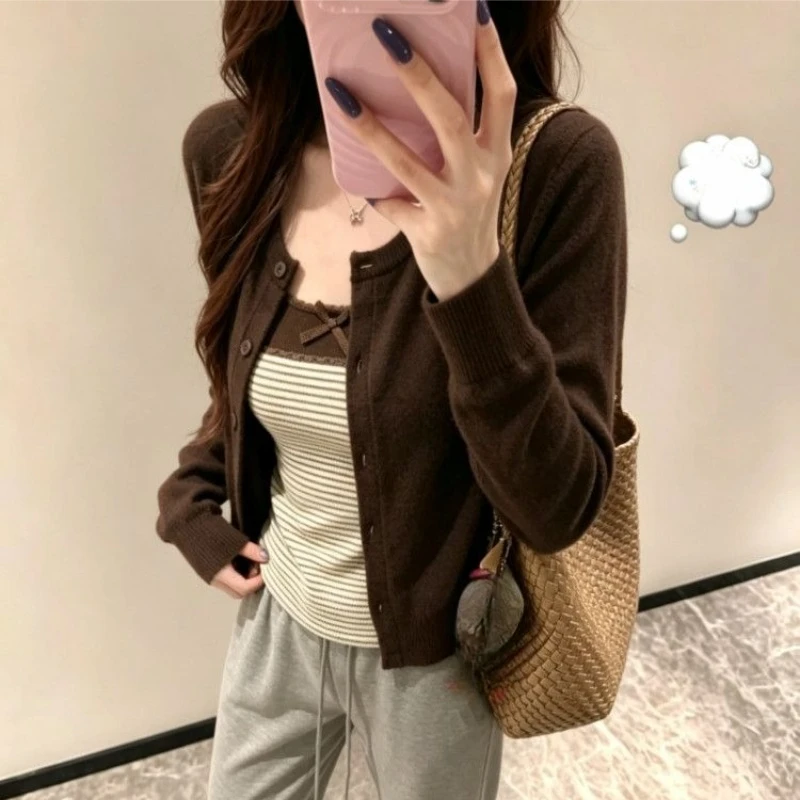 Japanese Vintage Lolita Outerwear Sets Women Sweet Stripe Cami Tops Brown Cardigan Harajuku Girls Kawaii Casual Slim Fit Outfit