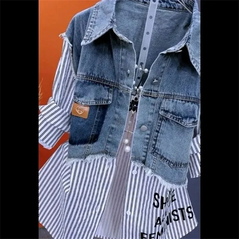 Fake Two Denim Shirts Women\'s Early Spring 2025 Korean Version Of Casual Western Style Joker Stitching Letter Striped Top