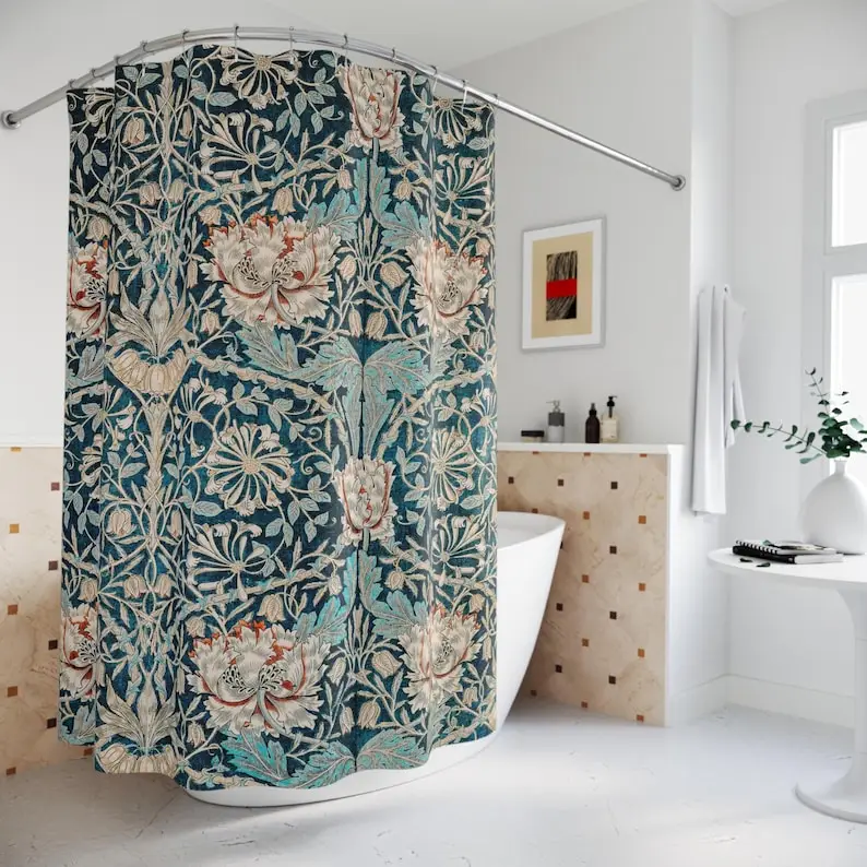 زهور زرقاء بنمط زهر العسل ويليام موريس، ديكور فني عتيق للحمام، ستارة دش من قماش البوليستر #4