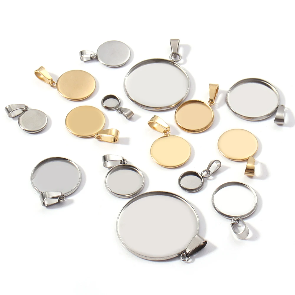 5/10pcs Stainless Steel Gold/Steel Plated Dia12-30mm Round Blank Bezel Tray with Hangle Loop For DIY Jewelry Pendant Accessories