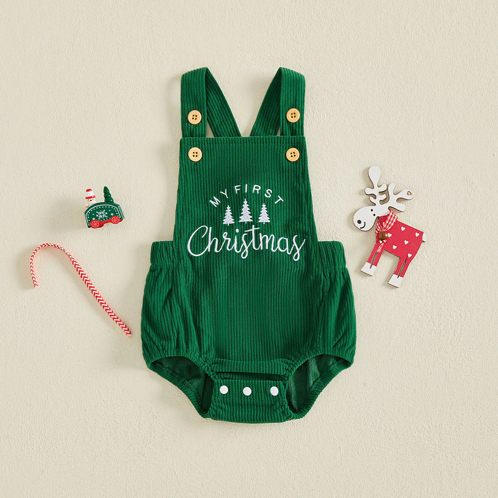 New Baby Xmas Corduroy Button Romper Sleeveless Christmas Tree Embroidery Bodysuit Overalls